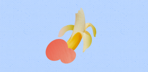 Illustration of half eaten banana coming out of a peach